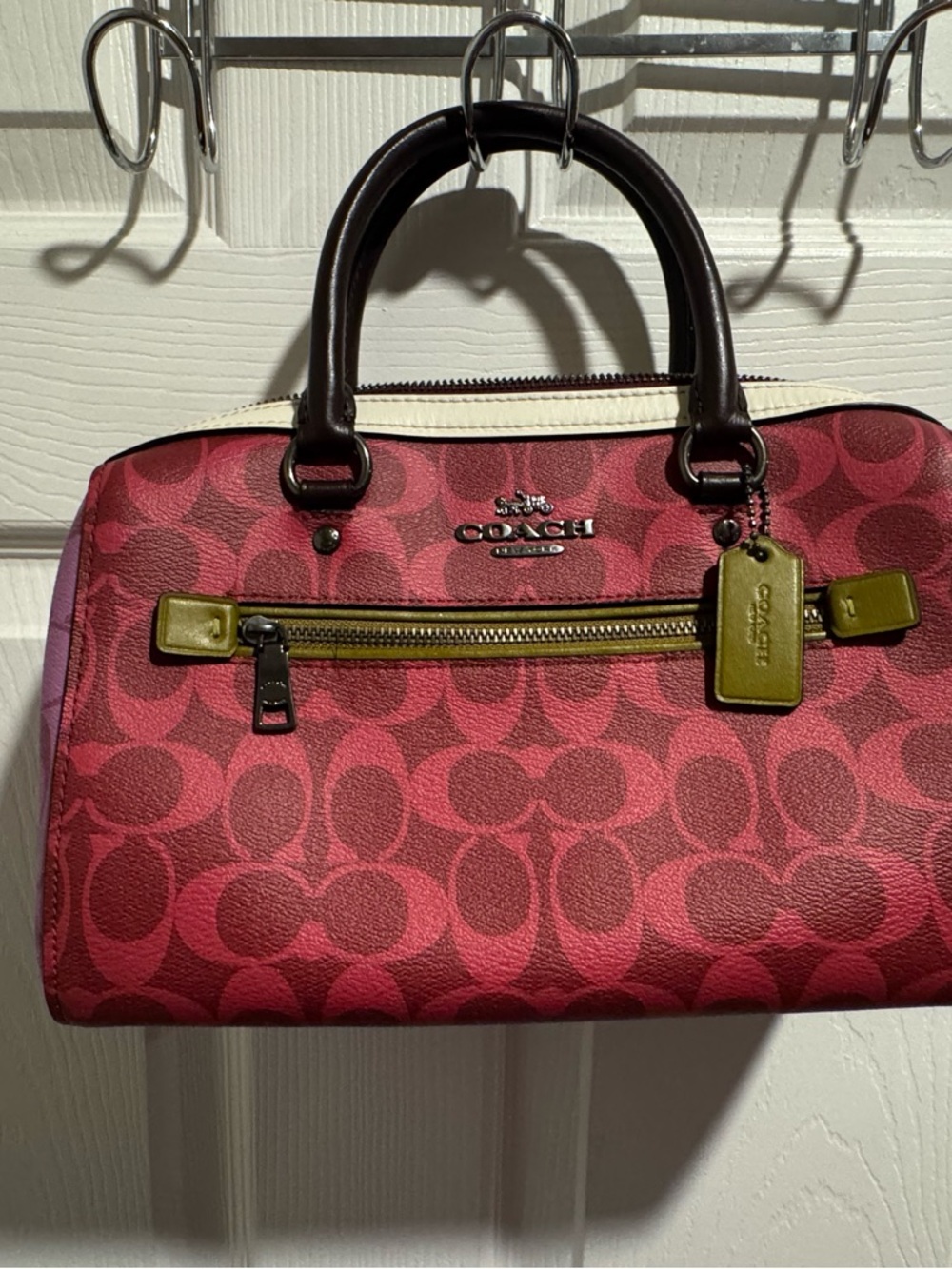 Coach Pink Signature Dome Satchel with Olive Trim and Dark Brown Handles